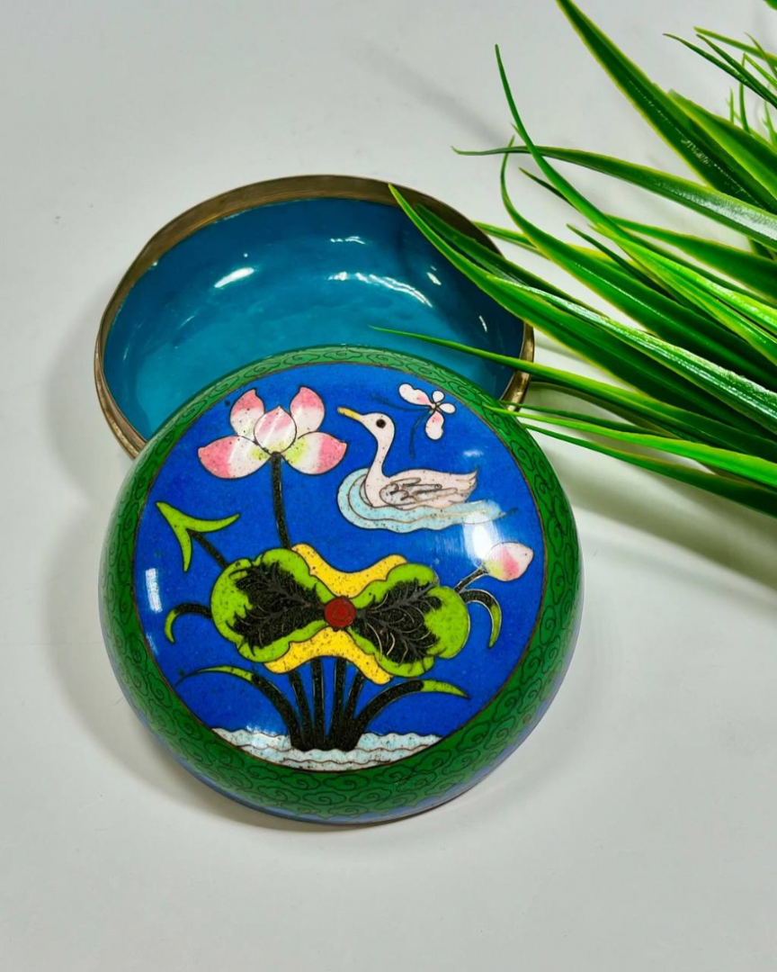 Круглая шкатулка в технике «cloisonne- клуазонне», Китай 1950х гг, винтаж. Картинка 1