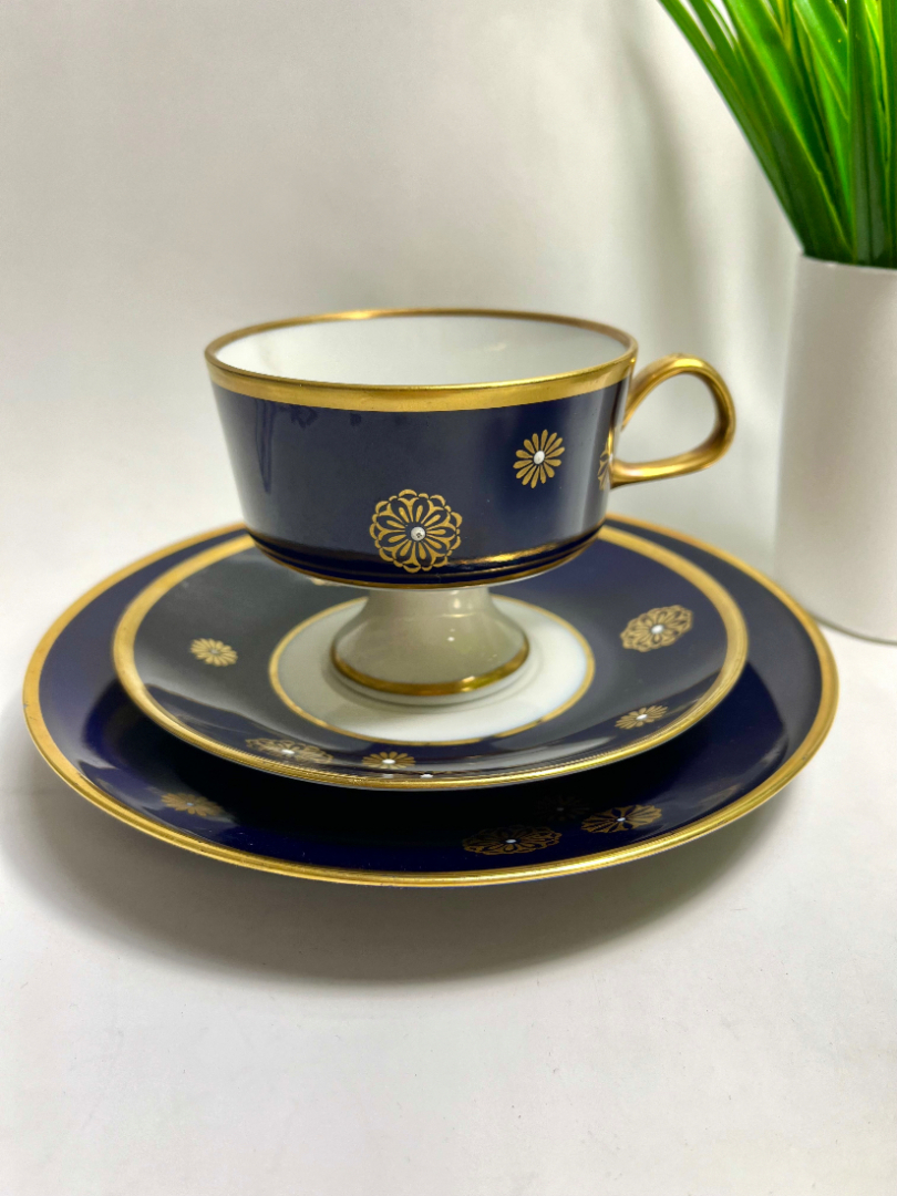 Чайное трио, немецкий фарфор в кобальтовом крытье с золотом, Lichte Porzellan ГДР 1966-1985гг. Картинка 5