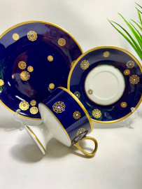 Чайное трио, немецкий фарфор в кобальтовом крытье с золотом, Lichte Porzellan ГДР 1966-1985гг