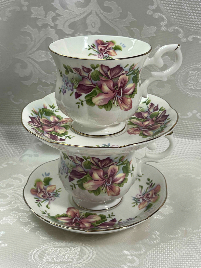 Чайная пара "Орхидея" Англия 1970гг Royal Canterbury. Костяной фарфор, цветочная деколь, 180мл. Картинка 3