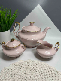Сахарница и молочник Haas and Czjzek Чехословакия, розовый фарфор, позолота, клеймо от 1945г