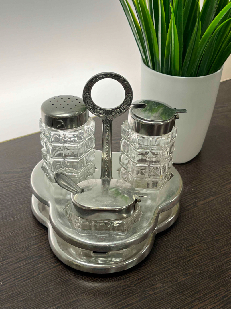 Круэт для специй "Промтехсвязь Москва". Нерж сталь и стекло. Необходимы резинки. Винтаж, СССР. Картинка 1