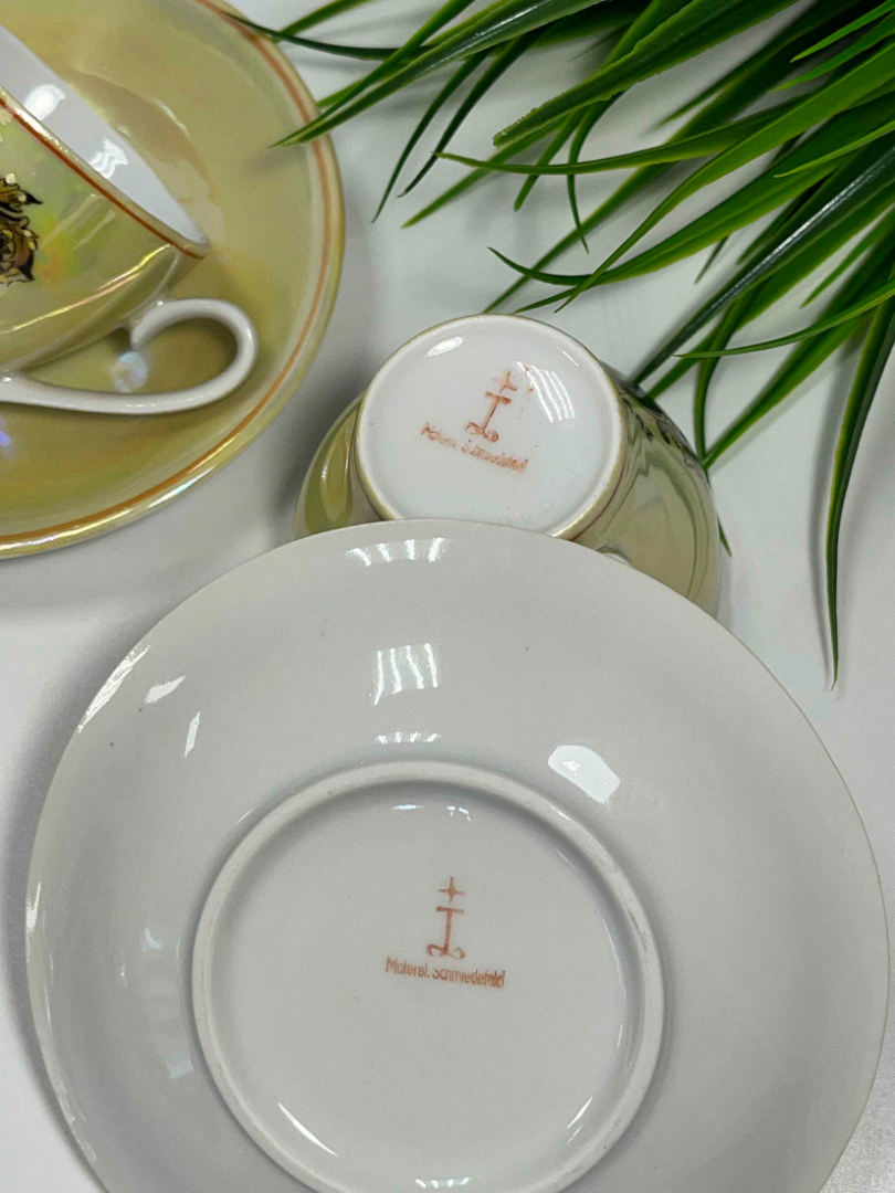 Кофейная пара Германии. Тонкий немецкий фарфор, перламутр, деколь. Цена за 1шт. Картинка 4