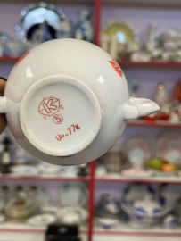 Чашка/сахарница с двумя ручками Коростенкий ФЗ 1962-72гг. Фарфор с деколью. Винтаж, СССР. Картинка 4