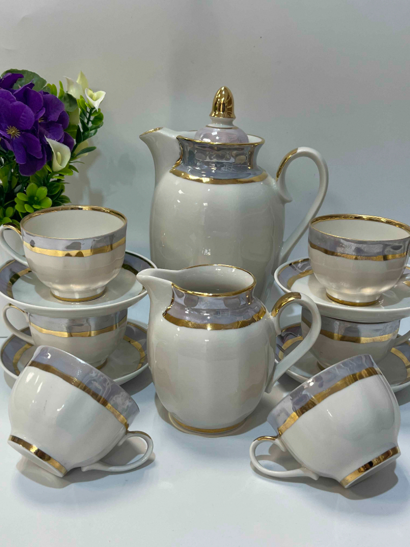 Кофейный сервиз для 6 персон. Дулевский ФЗ 1976-86гг. Фарфор с перламутром, позолотой. Цена за 12пр. Картинка 4