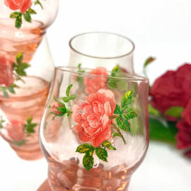 Стопки из цветного розового стекла с цветочной деколью, винтаж, СССР. Цена за 6шт. Картинка 3