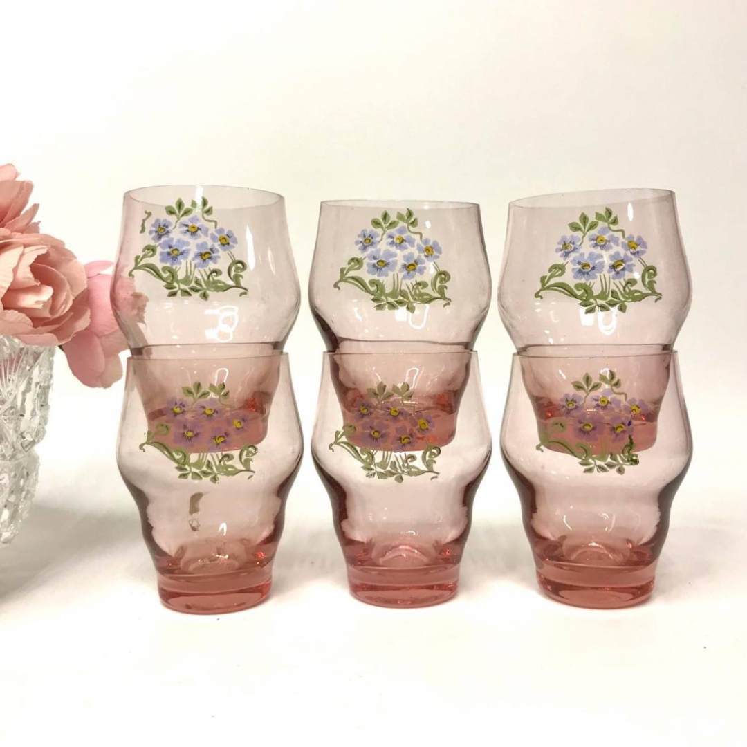Стопки из цветного стекла с цветочной деколью, 50мл, винтаж, СССР. Цена за 6шт. Картинка 1
