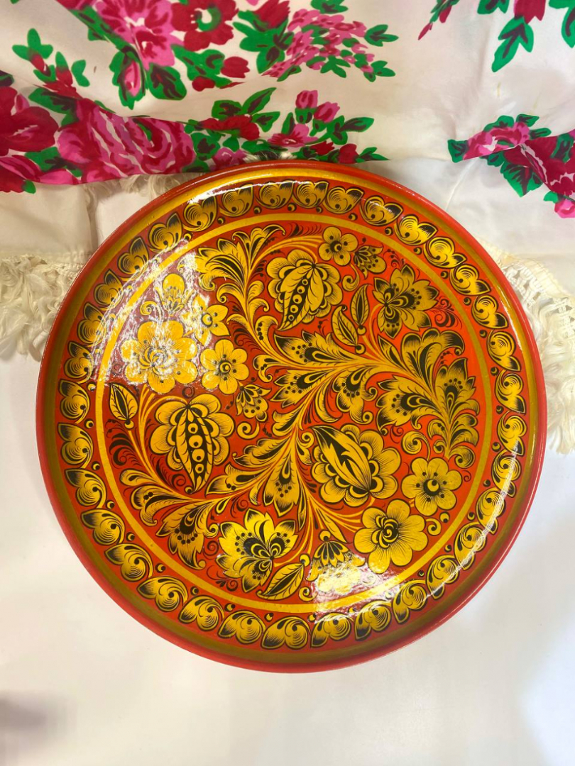 Набор кружек на круглом подносе. Дерево с ручной росписью хохлома. Винтаж, СССР. Цена за набор. Картинка 3