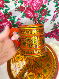 Набор кружек на круглом подносе. Дерево с ручной росписью хохлома. Винтаж, СССР. Цена за набор. Картинка 4