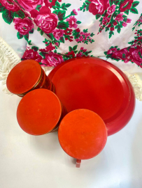 Набор кружек на круглом подносе. Дерево с ручной росписью хохлома. Винтаж, СССР. Цена за набор. Картинка 5