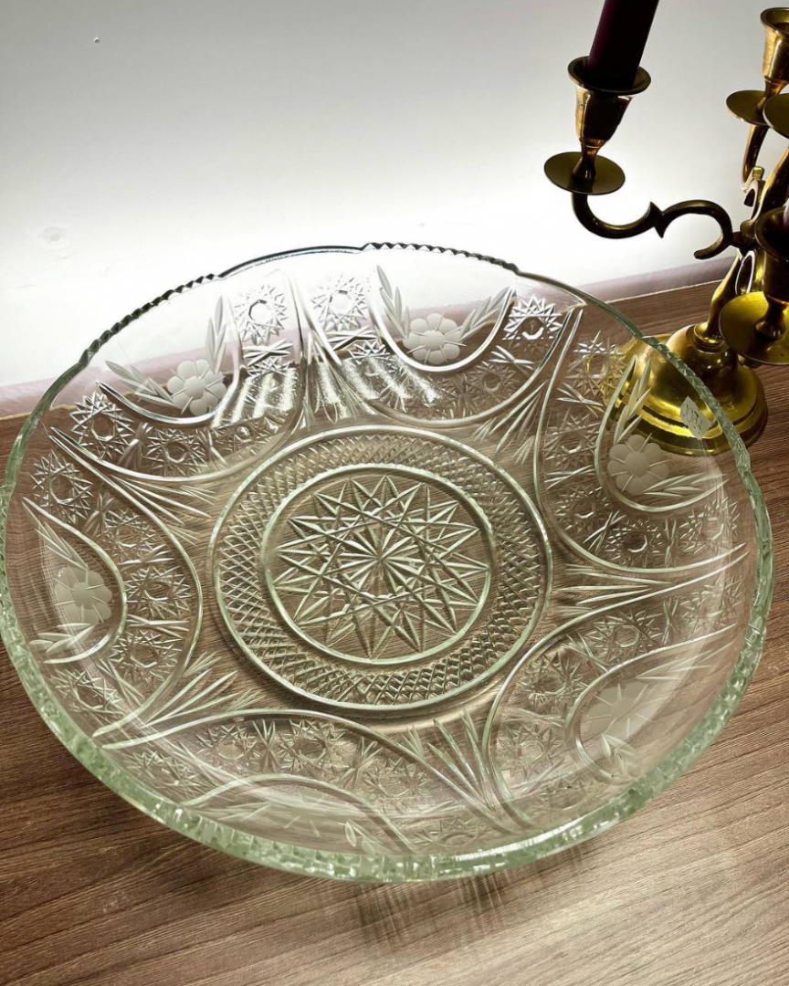 Большое блюдо для сервировки, хрусталь с ручной работой, винтаж, СССР. Картинка 1