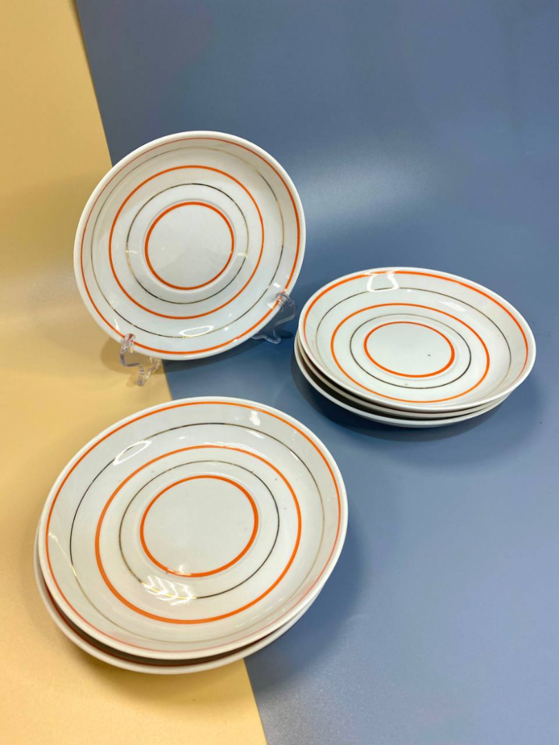 Набор блюдцец с цветными полосками. Дмитровский з-д в Вербилках, винтаж, СССР. Цена за 6шт. Картинка 1