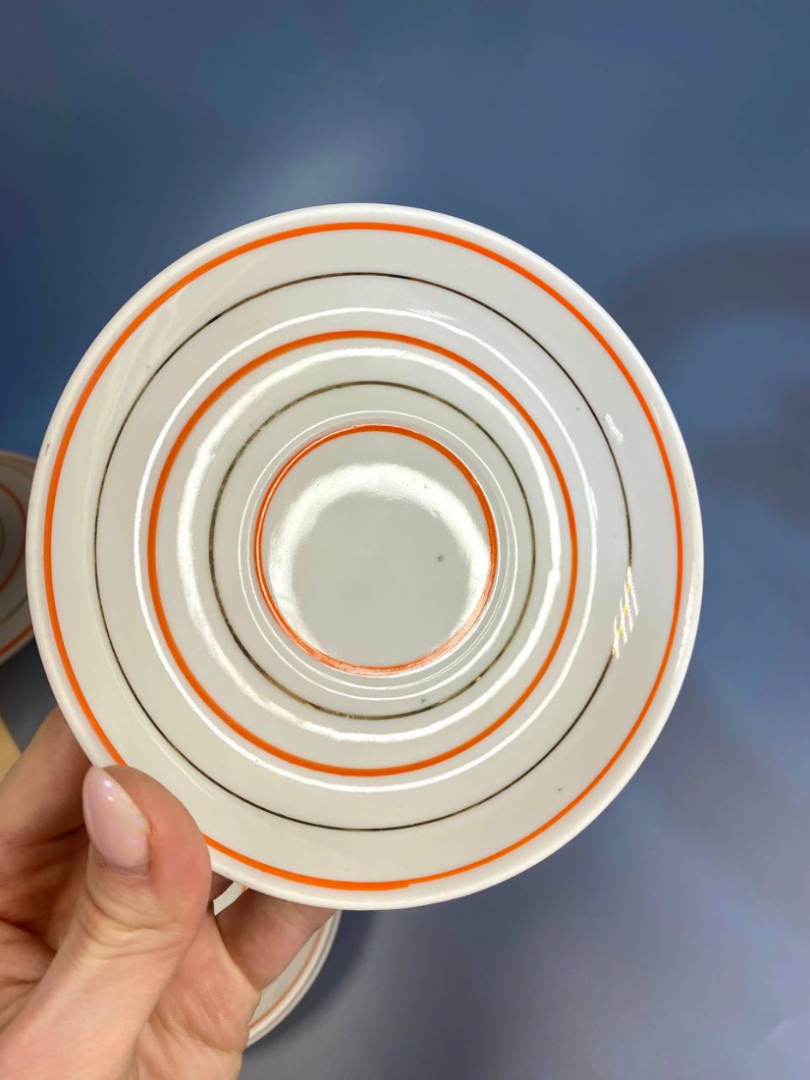 Набор блюдцец с цветными полосками. Дмитровский з-д в Вербилках, винтаж, СССР. Цена за 6шт. Картинка 3