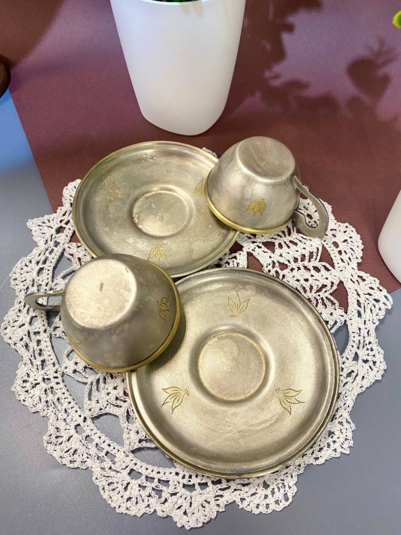 Кофейная пара "Листочки" Мстерского ЮЗ, мнц с серебрением,  винтаж, СССР. Цена за 1пару. Картинка 2