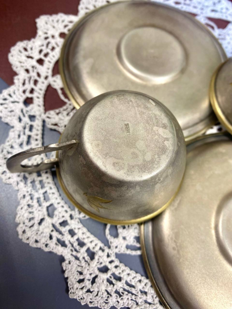 Кофейная пара "Листочки" Мстерского ЮЗ, мнц с серебрением,  винтаж, СССР. Цена за 1пару. Картинка 4