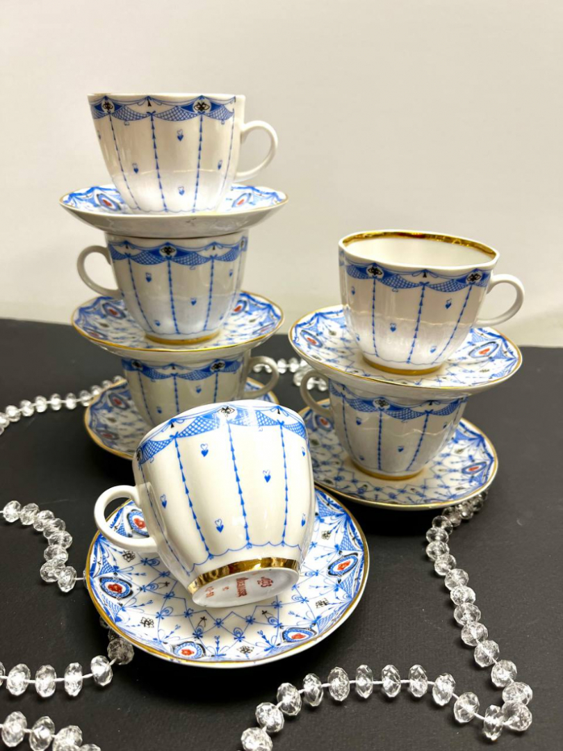 Кофейная пара "Паутинка" в синем цвете. ЛФЗ 1970х гг ав. Н.Л.Павлова, форма Тюльпан С.Е.Яковлева.. Картинка 2