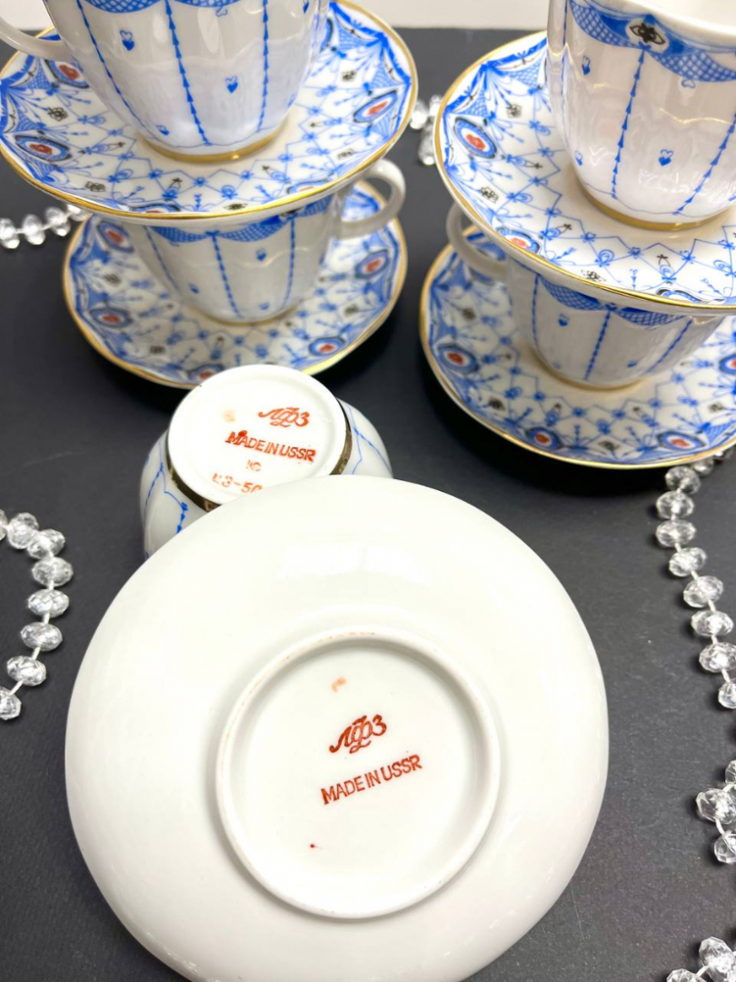 Кофейная пара "Паутинка" в синем цвете. ЛФЗ 1970х гг ав. Н.Л.Павлова, форма Тюльпан С.Е.Яковлева.. Картинка 3