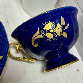 Чайное трио Apulum Germany 1970гг. Тонкий рельефный фарфор, кобальтовое крытье, золото. Винтаж. Картинка 2