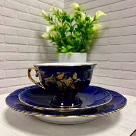 Чайное трио Apulum Germany 1970гг. Тонкий рельефный фарфор, кобальтовое крытье, золото. Винтаж