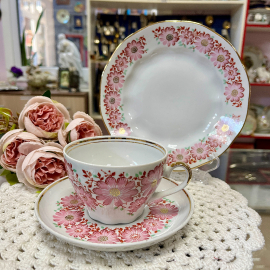 Чайное трио Рига 1970-1980гг. Фарфор, деколь, позолота. Винтаж, СССР. Картинка 1