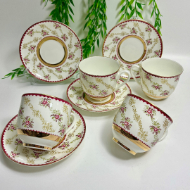 Кофейная пара "Розочки" ЛФЗ, экспорт. 175мл. Костяной фарфор, деколь, позолота. Винтаж, СССР