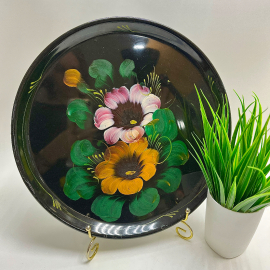 Поднос Жестовская роспись. Нерж.сталь, эмаль, ручная надглазурная роспись. Винтаж, СССР. Картинка 1