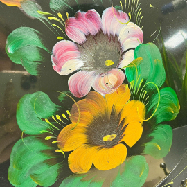 Поднос Жестовская роспись. Нерж.сталь, эмаль, ручная надглазурная роспись. Винтаж, СССР. Картинка 2