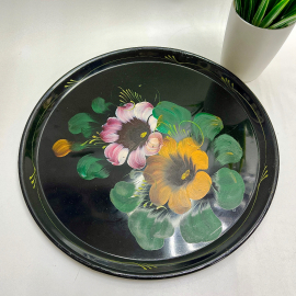 Поднос Жестовская роспись. Нерж.сталь, эмаль, ручная надглазурная роспись. Винтаж, СССР. Картинка 7