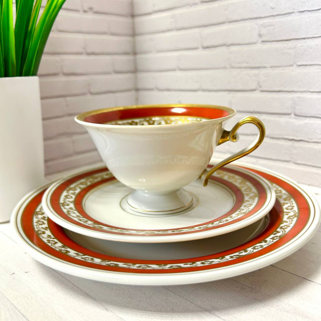 Чайное трио Von Schierholz Plaue после 1930гг Качественный немецкий фарфор, позолота. Винтаж. Картинка 1