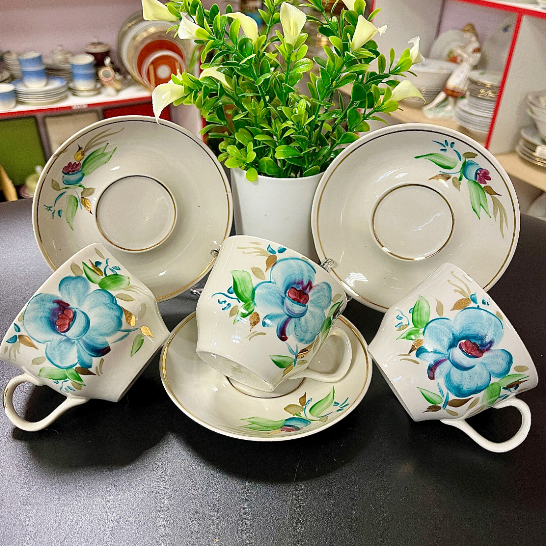 Чайная пара Полонский ФЗ 1972-82гг. Фарфор с ручной росписью по глазури, позолота. Цена за 1шт. Картинка 1