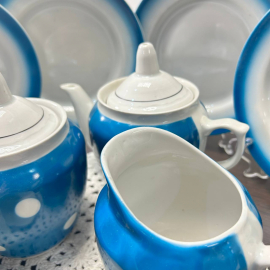 Чайный сервиз "Горох" на бирюзовом крытье. Туймазинский ФЗ. Фарфор, крытье, окантовка. Цена  за 19пр. Картинка 3