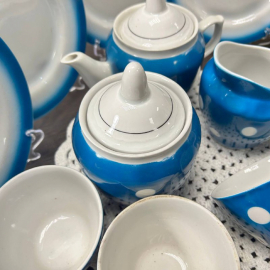 Чайный сервиз "Горох" на бирюзовом крытье. Туймазинский ФЗ. Фарфор, крытье, окантовка. Цена  за 19пр. Картинка 4