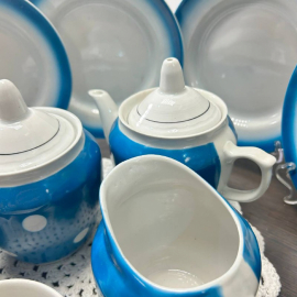 Чайный сервиз "Горох" на бирюзовом крытье. Туймазинский ФЗ. Фарфор, крытье, окантовка. Цена  за 19пр. Картинка 7