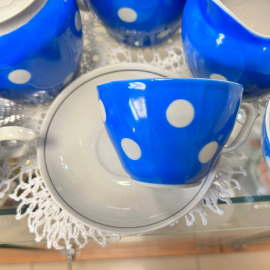 Чайный сервиз "Горох" на голубом крытье. Туймазинский ФЗ. Фарфор, крытье, окантовка. Цена  за 20пр. Картинка 6