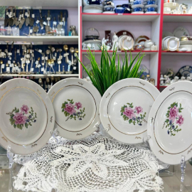 Тарелки пирожковые ФФЗ Чайка. Фарфор, цветочная деколь, позолота.  Цена за 4шт