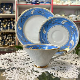 Чайное трио Fortuna Eisenberg Germany. Фарфор, деколь, позолота. Винтаж. Дефект