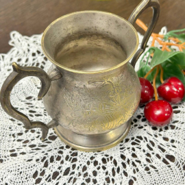 Сахарница с двумя ручками из латуни с штихельной гравировкой, руч работа. Индия. Винтаж. Картинка 4