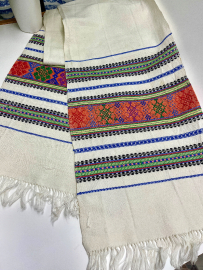 Старинный домотканный рушник с бахромой. Грубый лен, пестрый дизайн. Винтаж, СССР