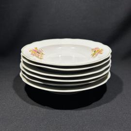 Набор суповых тарелок 6 штук "Букет", Дулевский ФЗ, фарфор, деколь, винтаж, 1993 год