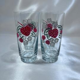 Набор стаканов для сока 4 штуки "Клубника", стекло, деколь, винтаж, СССР
