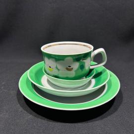 Чайный квартет: пара + розетка+тарелка "Яблоневый цвет", фарфор, крытье, Богданович ФЗ, винтаж, СССР