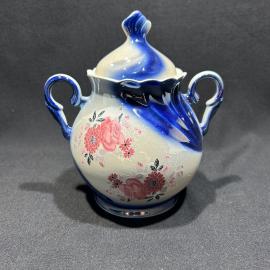 Сахарница "Роза и пион", фаянс, деколь, перламутр, Керамикон ФЗ, винтаж, СССР