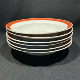 Набор суповых тарелок 6 штук "Терракотовая линия", ЛФЗ, фарфор, винтаж, 2 тарелки отличаются, СССР