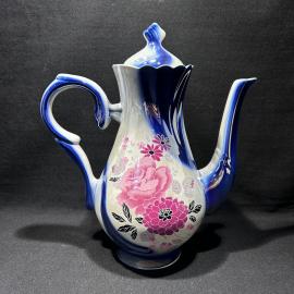 Чайник кофейник "Роза и пион", фаянс, перламутр, Керамикон ФЗ, винтаж, СССР
