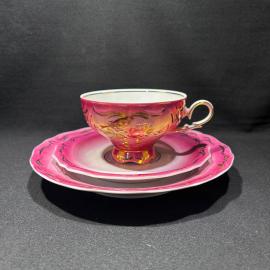 Чайная тройка "Райские птицы", Дулевский ФЗ, фарфор, деколь, позолота, винтаж, 2001 год