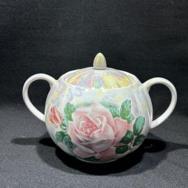 Сахарница "Роза", фарфор, перламутр, деколь, Дулевский ФЗ, винтаж, 1996 год