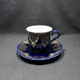 Чайно-кофейная пара "Золотой узор", фарфор, деколь, позолота, кобальт, винтажный Китай