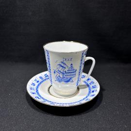 Кофейная пара "Каравелла", ЛФЗ, костяной фарфор, деколь, позолота, винтаж,СССР