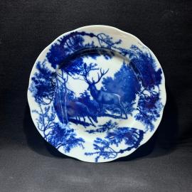 Блюдо круглое 24 см "Олени темно синие", Дулевский ФЗ, фарфор, кобальт, винтаж, СССР