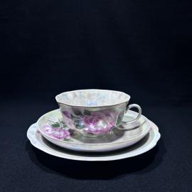 Чайное трио "Роза", Дулевский ФЗ, фарфор, деколь, винтаж, СССР